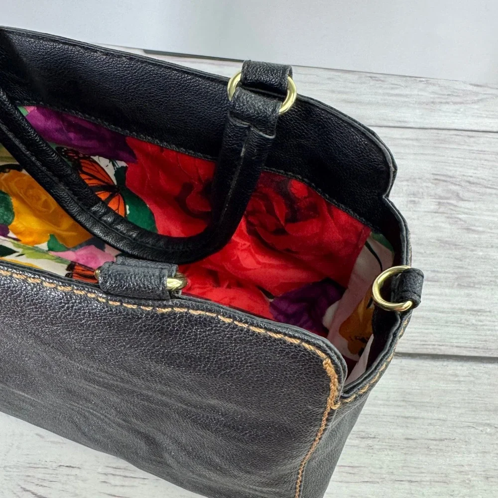 Avon Reversible Floral Butterfly Satchel Bag Black Faux Leather Rose Handbag